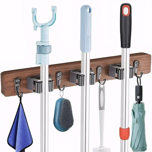 FiNeWaY Broom Mop Holder Wall Mount,Rustic Solid Wood Wall Mounted Garden Tool Organizer Rake Hanger with 3 Racks 4 Hooks for Bathroom Kitchen Office Closet Garden
