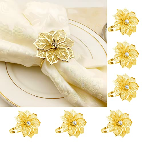 INCETUE 6 Stück Serviettenringe Gold, Metall Serviettenring mit Ausgehöhlten Blume, Vergoldeter Blumen Servietten Ringe Set mit Strasssteinen, Serviettenschnallen für Hochzeit Weihnachten Party