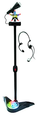 DEQUBE-Micrófono Karaoke de pie con Altura Ajustable-Incluye Bola de Luces Disco y Auricular-Conexión a Distintos Dispositivos Sonido -Tamaño 65-100cm (916D00037) negro