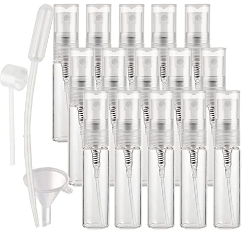 100 Piezas 5ml Botella de Cristal Transparente con Pulverizador, Vidrio Frasco con Bomba en Spray, Mini Spray de Bolsillo, Envase Cosmético Perfumes Viajes, Recargable y Embudo