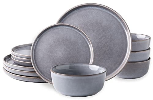 AmorArc Juego de vajilla de gres, juego de platos y cuencos redondos de cerámica de esmalte reactivo, altamente resistente a las astillas y grietas, apto para lavavajillas y microondas, servicio para