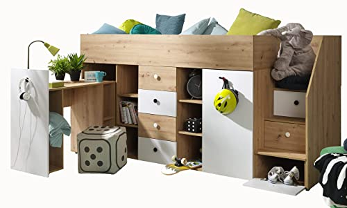 MEBLE KRYSPOL SMART 3 Hochbett für Kinder, Jugendliche mit Stauraum - Etagenbett mit Schreibtisch, Kleiderschrank, Regalen, Treppe - 248,5x93x123 cm - Eiche Handwerker, Weiß mat, Weiß + Schwarz