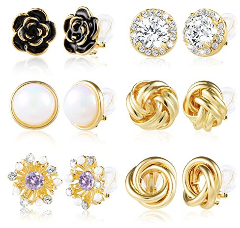 ASH'S CHOICE 6 Pairs Clip on Earrings for Women, Plated Rose Pearl Twist Knot Clip On Earrings, CZ Rhinestone Flowers Clip Earrings with Rubber Pads, Hypoallergenic Non Pierced Clip Earrings