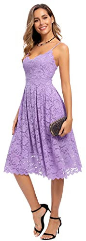 Atnlewhi Damen Vintage ärmellosen V-Ausschnitt A-Linie Kleid Blumen Knielang Spitzenkleid Brautjungfer Elegante Cocktailkleider - Hellviolett - S