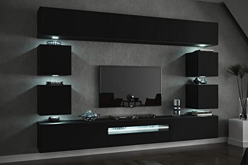 FURNITECH Hängend Wohnwand Modern - Wohnzimmer Schrankwand Mit Regale und TV Schrank - Möbel Ohne LED (Future C81-18B-M5 1B Matt)