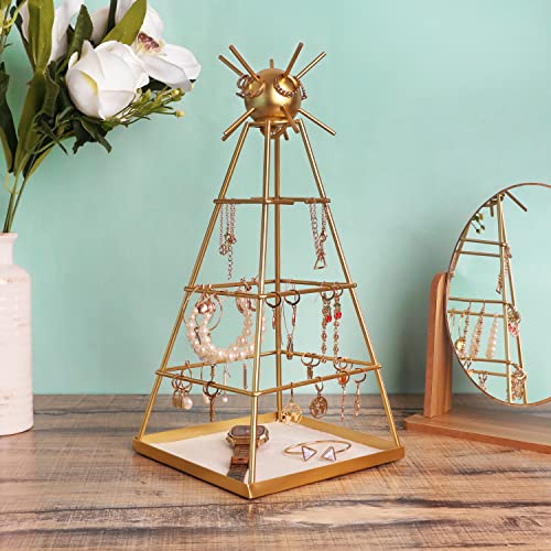 Belle Vous Porte Bijoux Femme Pyramidal Doré avec Base Carrée - H35,5 cm - Porte Bijoux Arbre Organisateur Suspendu - Porte Boucle d’Oreille, Colliers, Bracelets & Bagues en Métal