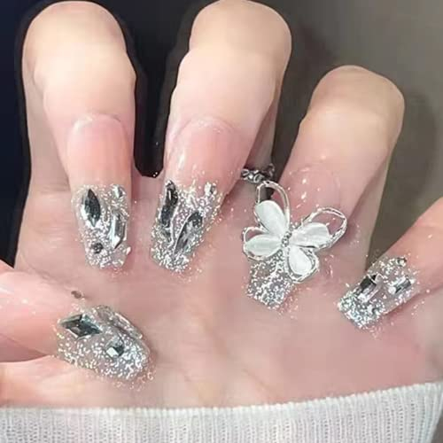 Maggidea 24pcs 3D Butterfly Coffin Shape Acrylic False Nails with Glue, Luxury Design for Women Girls on Wedding Parties