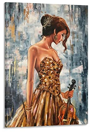 QITEX Bilder auf Leinwand Ölgemälde Poster Wunderschönes Mädchen mit Geige Ölmalerei Abstrakte Frau Wand Bilder Leinwand Bild poster & kunstdrucke Wand Bilder Bilder 30x40cm(Kein Rahmen)