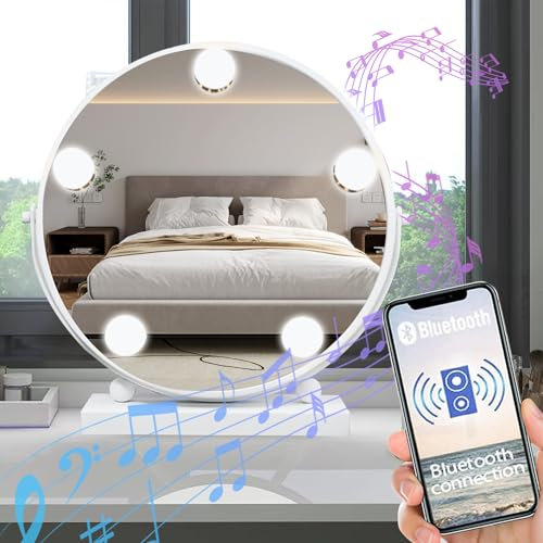 Meidom Bluetooth Hollywood Vanity Mirror with 5 Dimmable LED, 3 Colour Modes and Sensitive Touch Screen, 34 x 30CM, 360° Rotation Round Dressing Table Mirror with Lights for Makeup, Bedroom