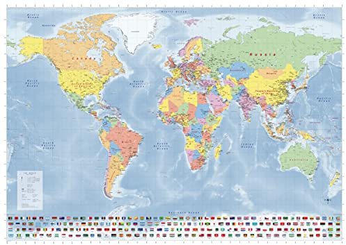 GeoMetro - Grande carte du monde - Poster politique avec la carte du monde - Avec drapeaux - 140 x 100 cm