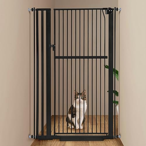 Keeric 150 cm extra hohes Haustiergitter, langlebiges Metall-Katzentor mit doppeltem Sicherheitsschloss und Durchgangstür – selbstschließend/bleibt offen/offen in beide Richtungen, druckmontiertes