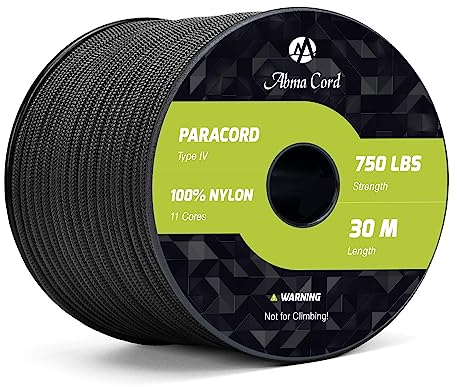Abma Cord Paracord 750lb 4mm 30M 100% Nylon Seil 11 Kern Typ IV Schnur für Basteln, Camping, Survival, Outdoor - Max. 340kg - Schwarz