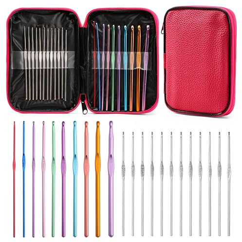 Häkelnadeln Set mit rotem Aufbewahrungsetui, 22 Stück Häkelnadeln Set ergonomische Stricknadeln Stumpfe Nadeln DIY Hand Knitting Craft Art Tools für Anfänger