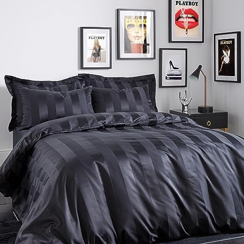 Playboy Bedding Bettwäsche-Set mit Kissenbezügen, weiches Satin, gestreift, Schwarz