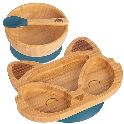 Tiny Dining Baby-Geschirrset – Fuchs – Marineblau – 3-teilig – geteilter, Rutschfester, selbsternährender Baby-Entwöhnungsteller, Schüssel und Löffel aus Bambus für Babys