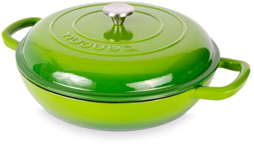 Shallow Cast Iron Casserole with Lid – Non Stick Dutch Oven Pot, Oven Safe up to 500° F – Sturdy Ovenproof Stockpot Cookware – Enamelled Cooking Pot – Green, 5-Quart, 32cm – by Nuovva