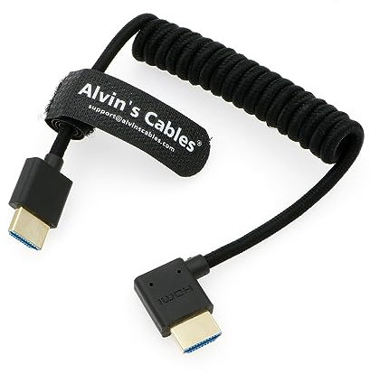 Alvin's Cables 8K 2.1 HDMI High Speed Braided Coiled Cable Straight to Right Angle for Atomos Ninja V, Portkeys BM5, for Feelworld Monitor, for Canon C300, Z CAM E2, Sony FS5| FS7| A7S3 Cameras