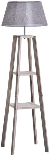 HOMCOM Lampada da Terra in Legno, Lampada da Salotto con Scaffale e Paralume in Tessuto, Lampada da Pavimento con Interruttore a Pedale 45x45x148cm, Grigio