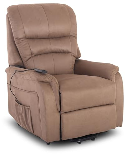 Raburg Fernsehsessel mit Aufstehhilfe, Relaxsessel elektrisch mit 1 Motor & Fernbedienung, stufenlos verstellbar, Komfortschaum & Taschenfederkern, Mikrofaser, 120 kg – Janik | Braun