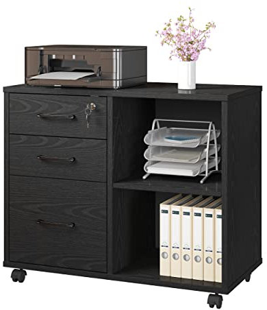 3 Drawer File Cabinet, Mobile Lateral Printer Stand with 2 Open Storage Shelves Home Office Rolling Mobile Filing Cabinet With Wheels (Black)