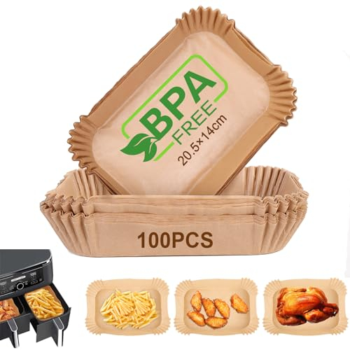AiQInu Backpapier für Heißluftfritteuse mit Doppelkammer, 100 Stück 20.5x14cm BPA-frei Rechteckig Airfryer Backpapier Antihaft-Einweg Wasserdicht Ölfest Pergamentpapier Liner Airfryer Zubehör