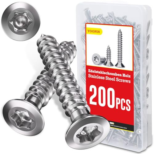 200 Stück Schrauben Torx Edelstahlschrauben 4x30, Holzschrauben Torx, A2 V2A Edelstahlschrauben Holz, Blechschrauben, Holzschrauben Edelstahl Senkkopf, Spanplattenschrauben für Aufdachkonstruktionen