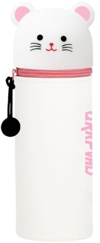 QRKPVHD Trousse Ecole 2 en 1 en Silicone Souple Kawaii, Plume, Fermeture Eclair en Silicone Pochette de Stylo, Crayons, Marqueurs, Étui pour Fournitures Scolaires de Grande capacité, Souris Blanc