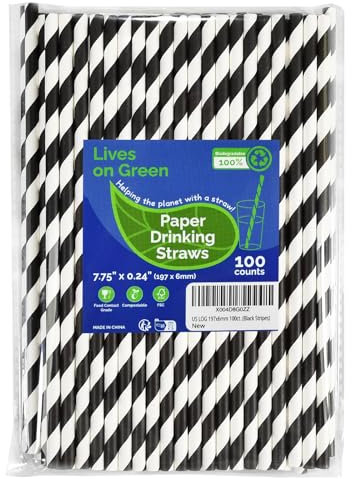Lives on Green Lot de 100 pailles en papier biodégradables à rayures noires et blanches - 19,7 cm - Pour cocktail, jus, décoration, artisanat