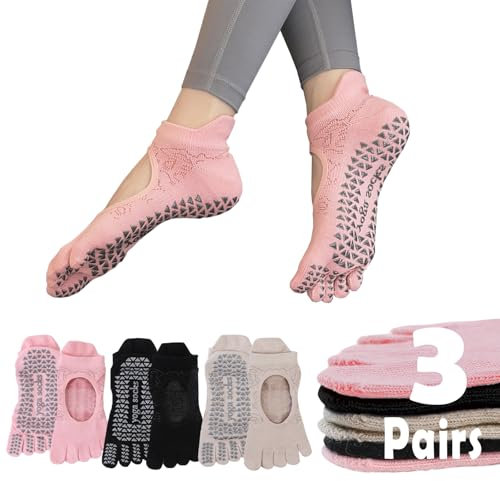 Sunolkie Calzini Yoga Pilates Calzini Tabi Antiscivolo, Calzini Fitness Danza Donna, Calzini Elastici Traspiranti in Cotone Calzini Sportivi a 5 Dita (3 Paia)