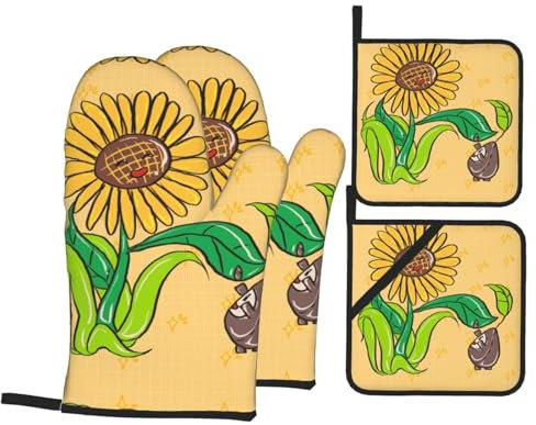 YYHHAOFA Set di quattro pezzi da cucina con stampa di semi di girasole e girasoli, guanto da forno isolato e presine, spessi e resistenti