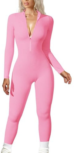 JN JANPRINT Ribbed Jumpsuit for Women Yoga Unitard Long Sleeve Sport Romper Zip Up V Neck Gym Playsuits Bodycon All In One Jumpsuits(Pink,L)