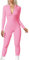 JN JANPRINT Ribbed Jumpsuit for Women Yoga Unitard Long Sleeve Sport Romper Zip Up V Neck Gym Playsuits Bodycon All In One Jumpsuits(Pink,L)