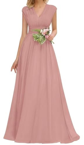Scollo a V Principessa Abiti da Damigella D'Onore Flutter Maniche Prom Abiti Chiffon Abito Da Sera Formale ZM116, Rosa antico, 64 Più