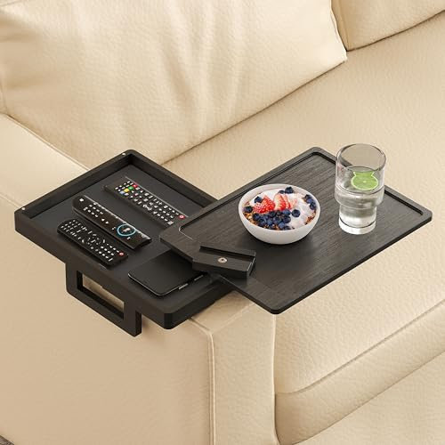 Wealone Schwarzer Couch Tablett, Sofatablett mit Aufbewahrungsbox, Sofa Armlehne Tablett mit 360° Telefonständer, Couch Organizer, Sofa Ablage für Wohnzimmer Getränke Knabbereien Essen