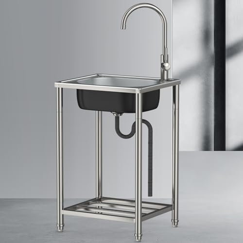 Fregadero Exterior Lavadero Pila Exterior Jardin Fregadero De Acero Inoxidable Independiente con Grifo Y Estantes De Almacenamiento Fácil De Montar Lavabo Portatil para Jardín Lavadero