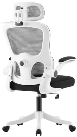 TUKAILAi Ergonomic Office Chair, Executive Computer Chair with Lumbar Support & Headrest Adjustable, 90°Flip-up Armrest, High Back Mesh Swivel Task Chair for Home Office Work (White)