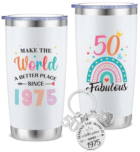 saerryor 50th Birthday Gifts for Women Men,White 20oz Insulated Tumbler with Keyring, 50th Birthday Gifts for Him,50 Year Old Present for Mum Wife Dad Husband Teachers Friends