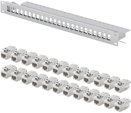 hb-digital Patchpanel 24 Port 1HE Netzwerk Patchfeld mit 24x CAT 6a GHMT Keystone Modulen RJ45 Buchsen für Ethernet LAN Kabel 10 Gbit geeignet 19 Zoll Rackmontage, Netzwerkschrank - Hellgrau
