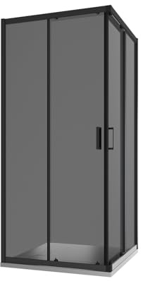 Box Doccia Angolare Due Ante Scorrevoli Cristallo Temperato 6mm Profili Squadrati Nero Opaco Altezza 185 cm - Tonga (Vetro Fumè, 70x90)