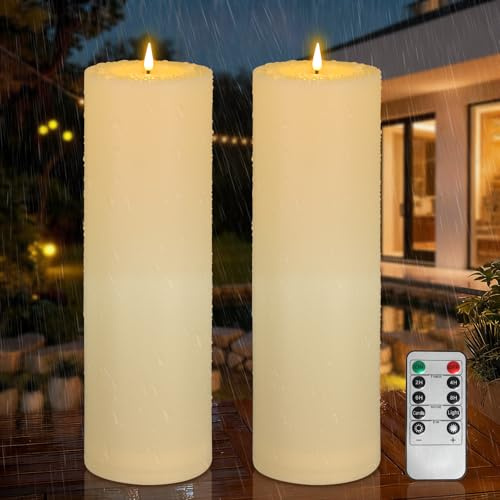 Kimjo 10 x 30 cm Candele LED Grandi Senza Fiamma per Esterni, 2 Pezzi | Candele LED a Fiamma con Funzione Timer, Telecomando, Impermeabile IP65, Alimentato a Batteria, Plastica, Bianco Avorio