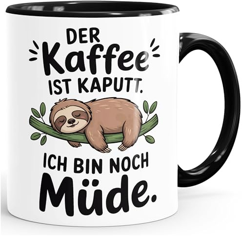 MoonWorks Tasse Spruch Der Kaffee ist kaputt – Geschenk für Morgenmuffe Anti-Motivation Bürotasse lustige Kaffeebecher Weiss-innen-schwarz standard