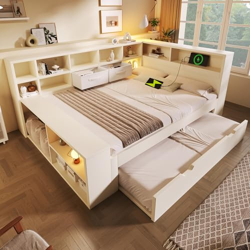 Kebnor Stauraumbett in Weiß, Holzbett mit Ausziehbett, 8 Staufächern & USB-/Type-C-Ladeanschlüssen – Platzsparendes Doppel- & Jugendbett, ohne Matratze(140x200cm)