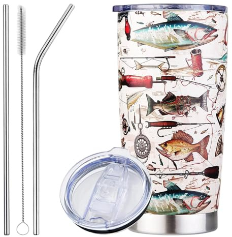 Fishing Gifts for Men, Fishing Mug 20oz, Camping Mugs, Insulated Thermal Mug with Lid and Straw, Stainless Steel Double Wall Tumbler for Hot Drinks, Funny Fish Cup for Boys Friends Home Picnic