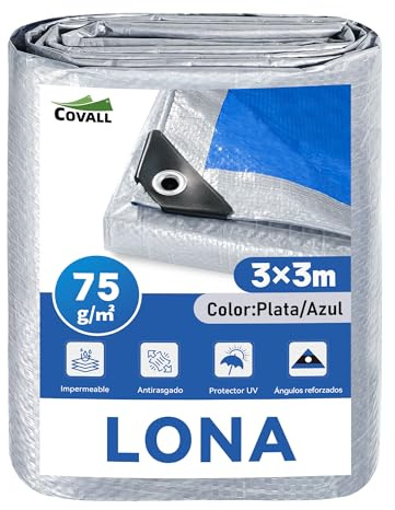COVALL Bâche 3X3m 75g/m² Bâche de Protection extérieure imperméable | Bâche Double Face Bleu Argenté,résistante au gel et aux UV, pour jardin, tonnelle, camping, meubles, abri de jardin