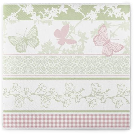 Mank Airlaid ECO Serviette Astrid 40 x 40 cm – 50 Stück, stoffähnliche Premium Einweg Servietten, extra saugstark, Schmetterling Motiv in Rosé und Salbei, Dinnerservietten für Hochzeit