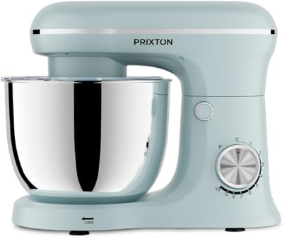 PRIXTON Batidora Amasadora KR250 para Repostería, Potencia 1500W, 10 Velocidades, Bol Acero Inoxidable de 5 litros, 3 accesorios, Tapa Transparente, Color Azul