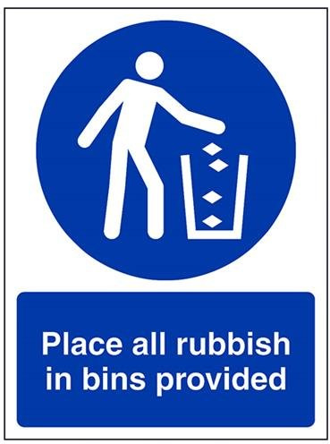 VSafety Place All Rubbish In Bins Provided Sign - Portrait - 150mm x 200mm - Self Adhesive Vinyl