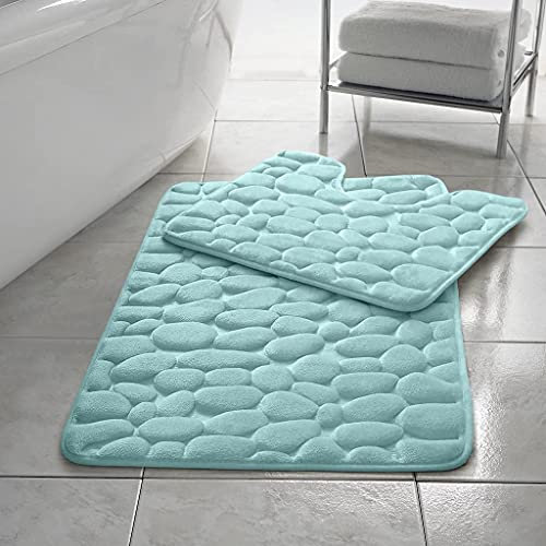 Artistic Fashionista Luxury MEMORY FOAM PEBBLE BATH MAT SET Non-Slip, Absorbable & Washable Pedestal Mat and Bath Mat Bathroom Rug (Turquoise)