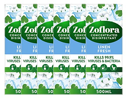 Zoflora Linen Fresh Concentrated Multipurpose Disinfectant Liquid, 6 x 500 ml (3 L), Antibacterial & Multi-Surface, Pet Safe Disinfectant, Kills 99.9% Of Bacteria & Viruses
