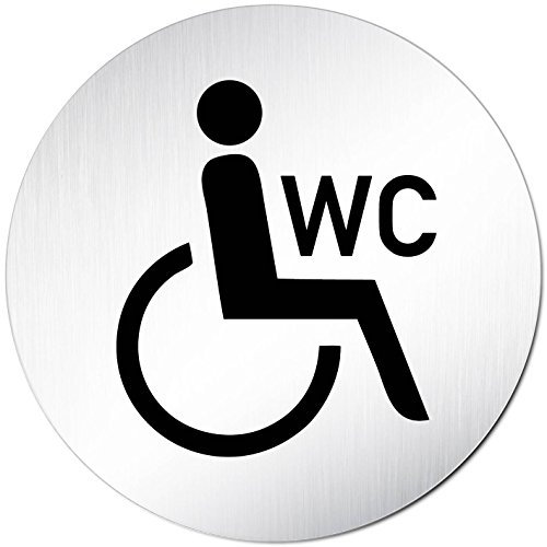 Türschilder24 XXL Türschild • Ø 100 mm rund • Schild Rollstuhl + WC • aus veredeltem Aluminium Vollmaterial • geschliffene Edelstahloptik • 100% Made in Germany